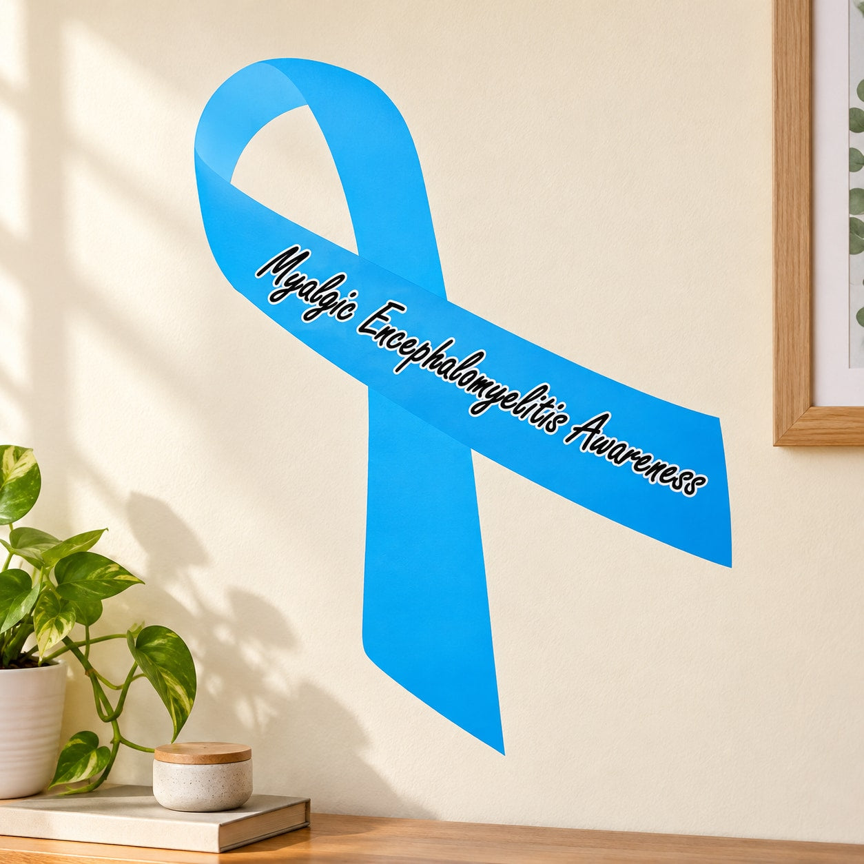 Blue awareness ribbon vinyl sticker with text "Myalgic Encephalomyelitis Awareness"