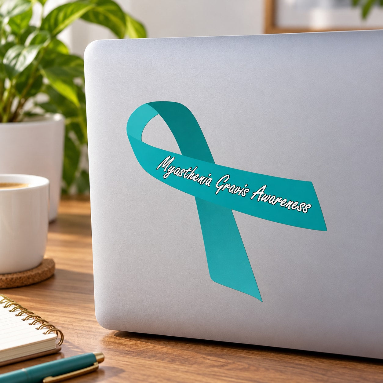 Awareness ribbon vinyl sticker with teal ribbon and cursive awareness text