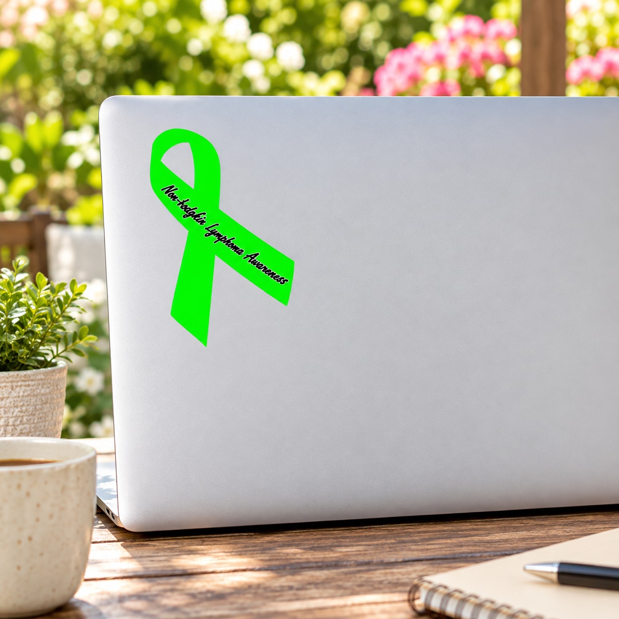 Green vinyl awareness ribbon sticker with black script text