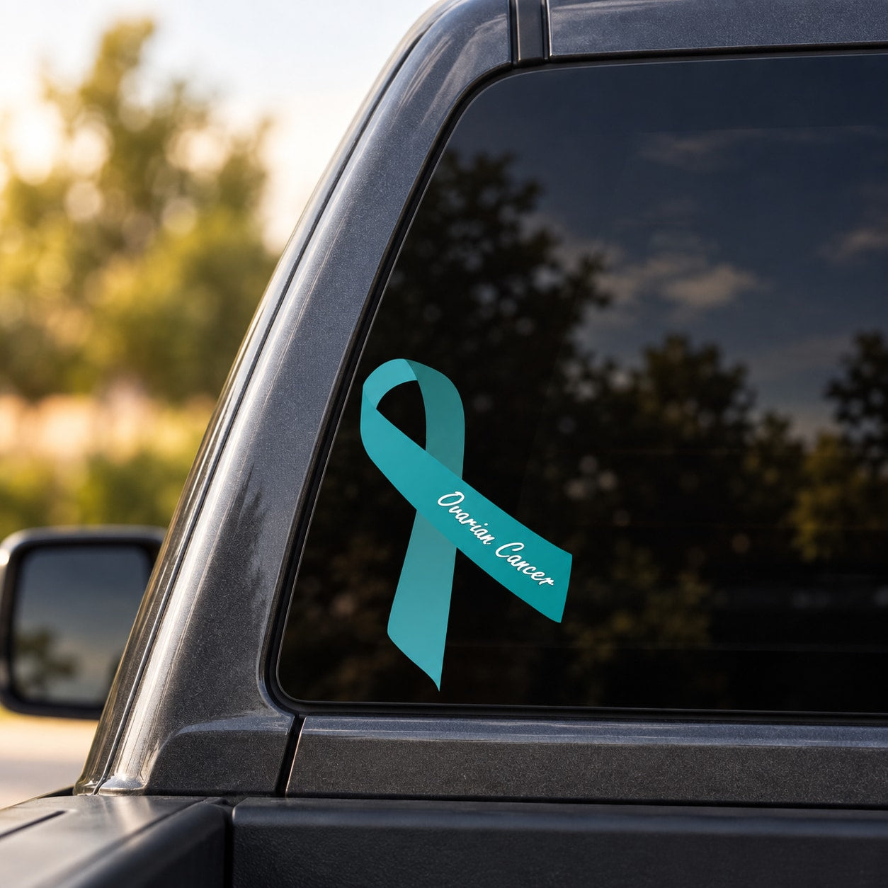 Ovarian cancer ribbon vinyl sticker with teal awareness bow and script text