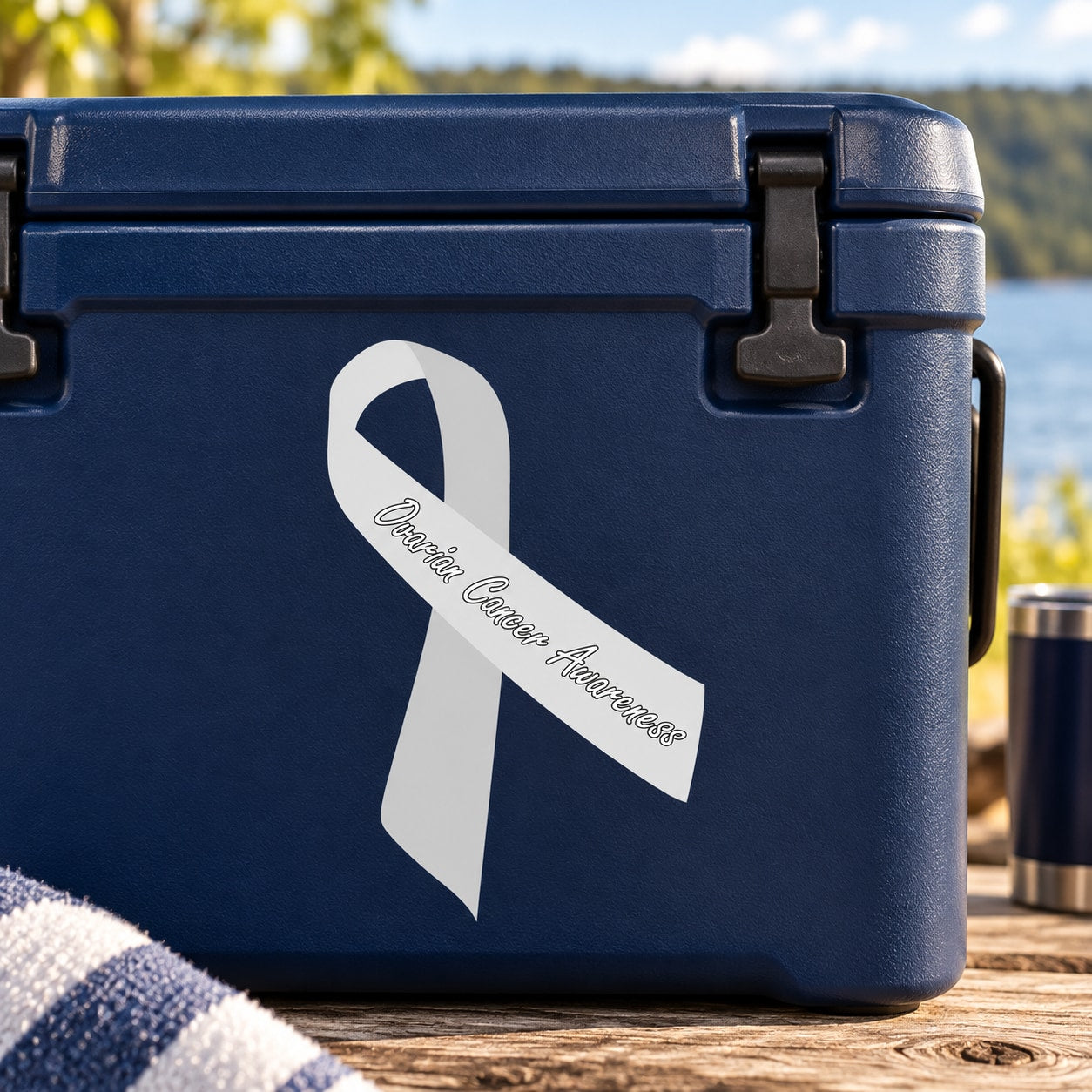 Ovarian cancer awareness ribbon vinyl sticker: white ribbon with cursive text