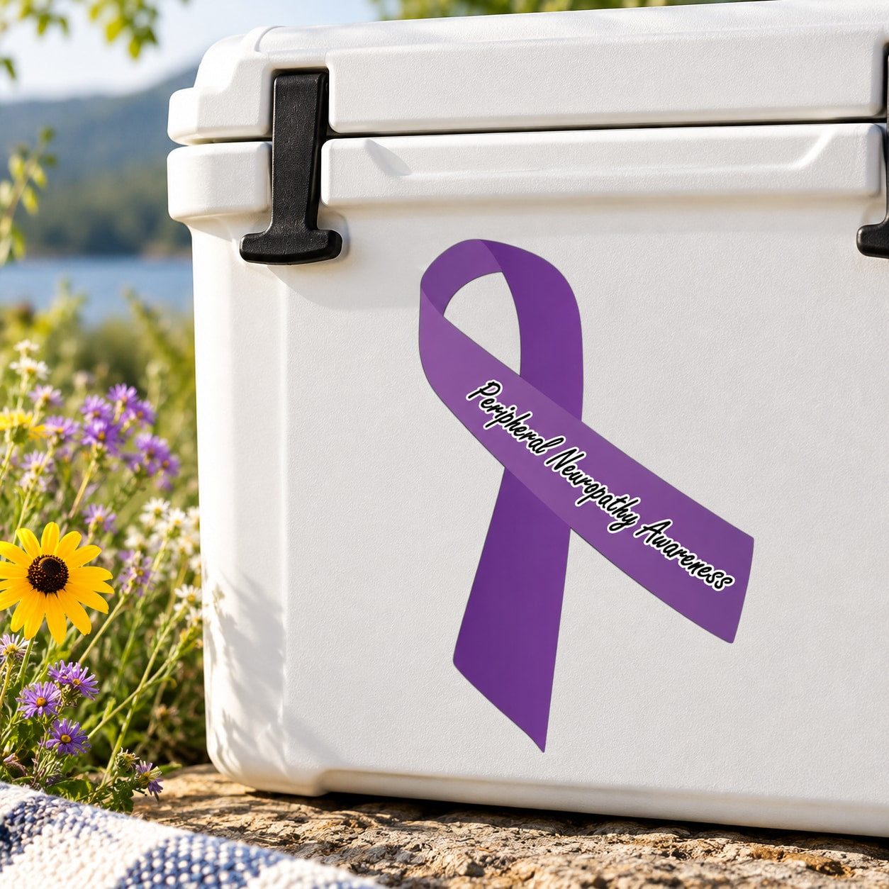 Purple awareness ribbon vinyl sticker with white center and cursive text