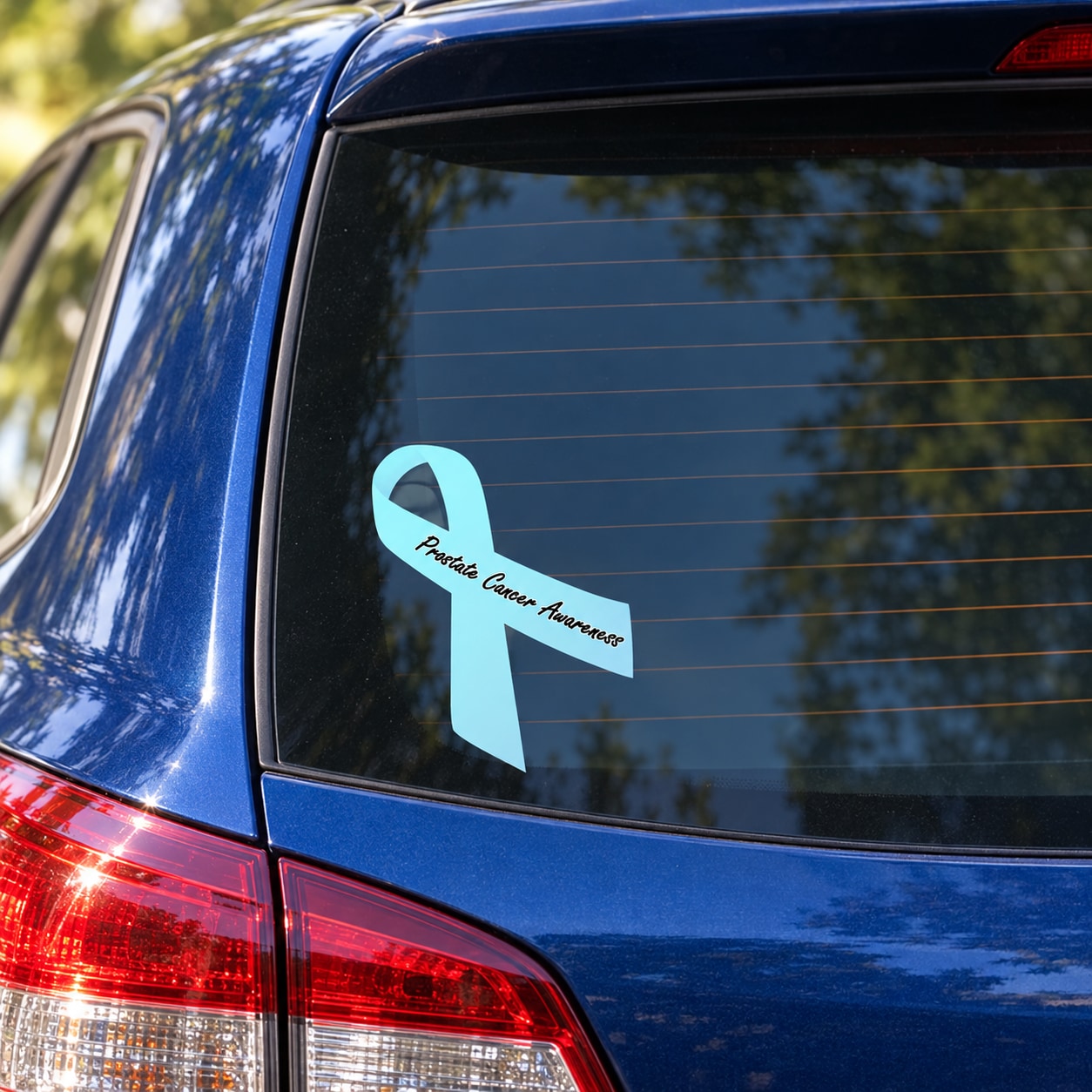 Light blue prostate cancer awareness ribbon vinyl sticker with black text