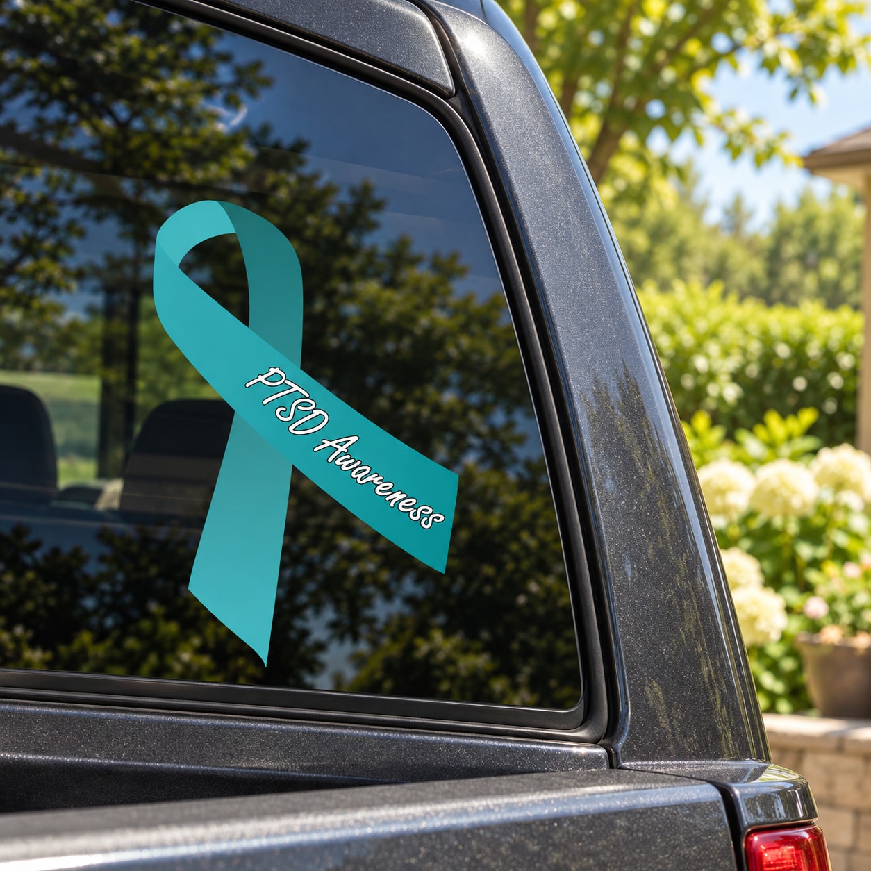 PTSD awareness ribbon vinyl sticker, teal ribbon with PTSD Awareness text