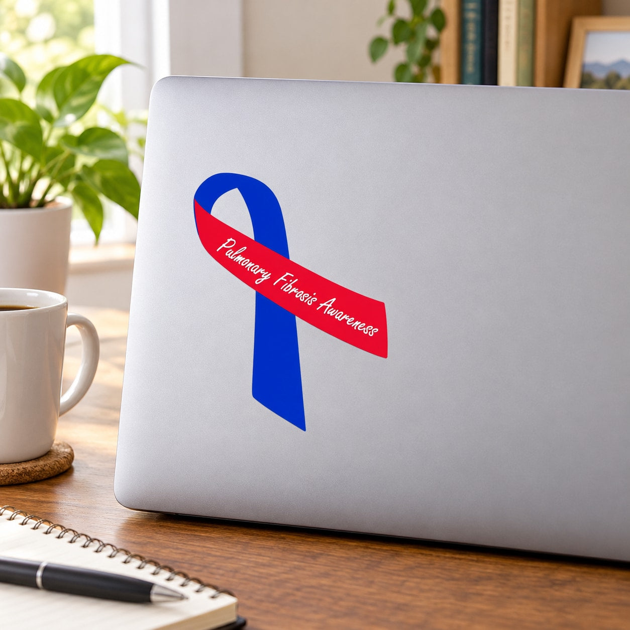 Pulmonary fibrosis awareness ribbon vinyl sticker with blue ribbon and red banner