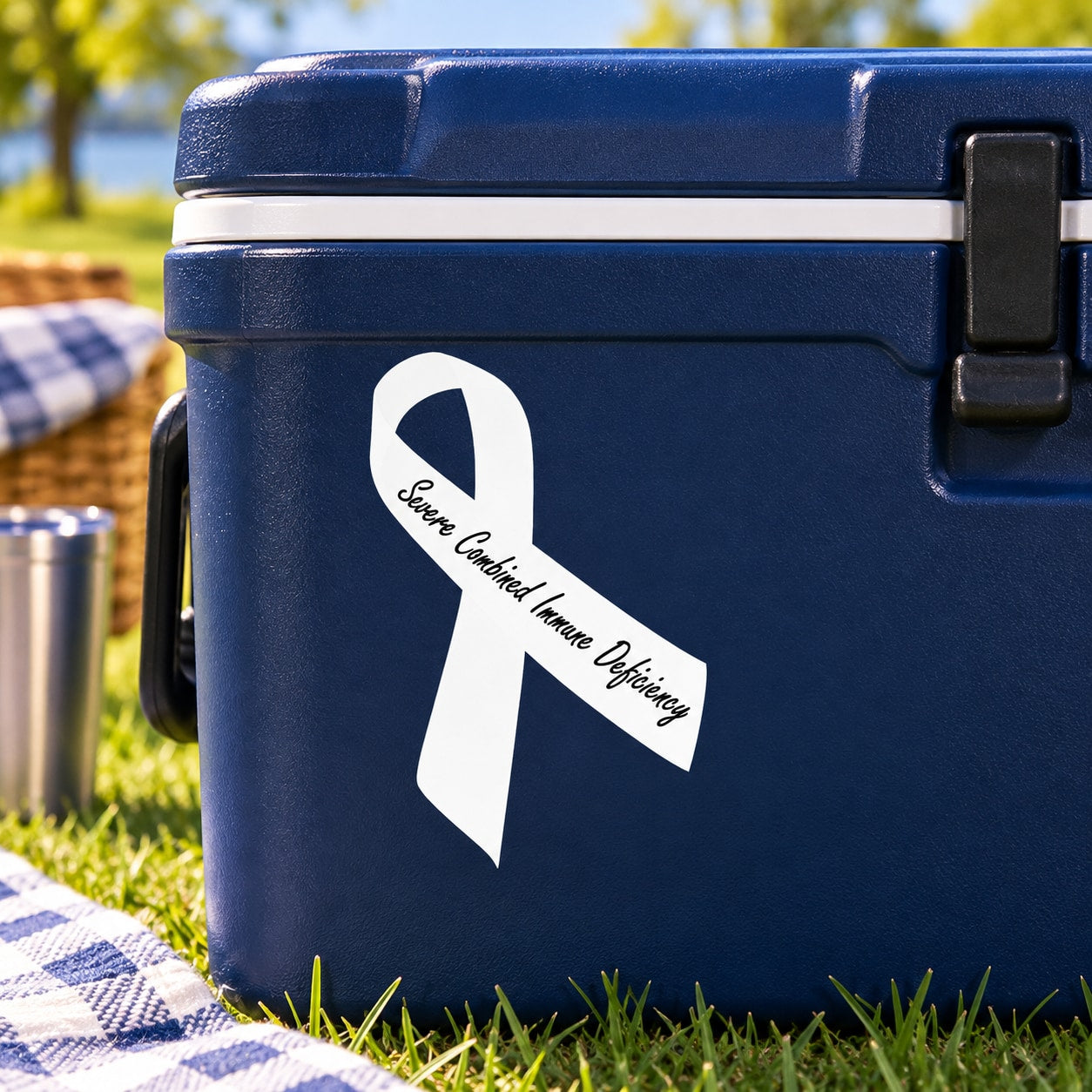 Vinyl awareness ribbon sticker, white ribbon with black “Severe Combined Immune Deficiency” text