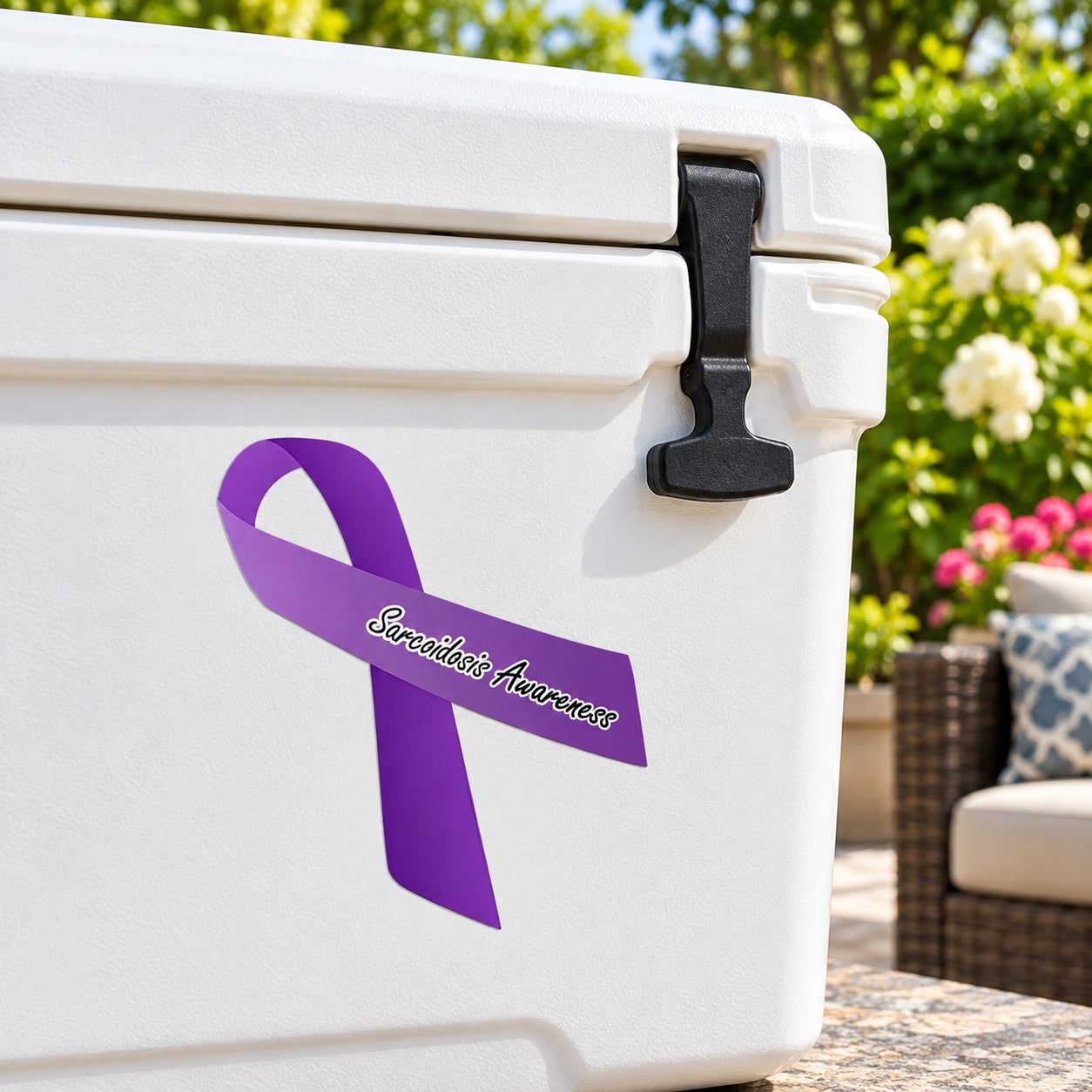 Purple sarcoidosis awareness ribbon vinyl sticker with white text