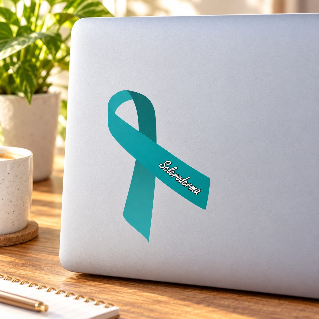 Vinyl sticker with teal awareness ribbon and cursive text on white background
