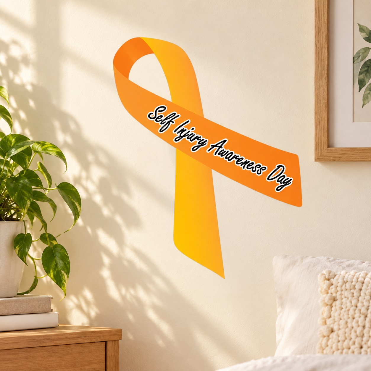 Self Injury Awareness Day vinyl sticker ribbon in orange and yellow with cursive text