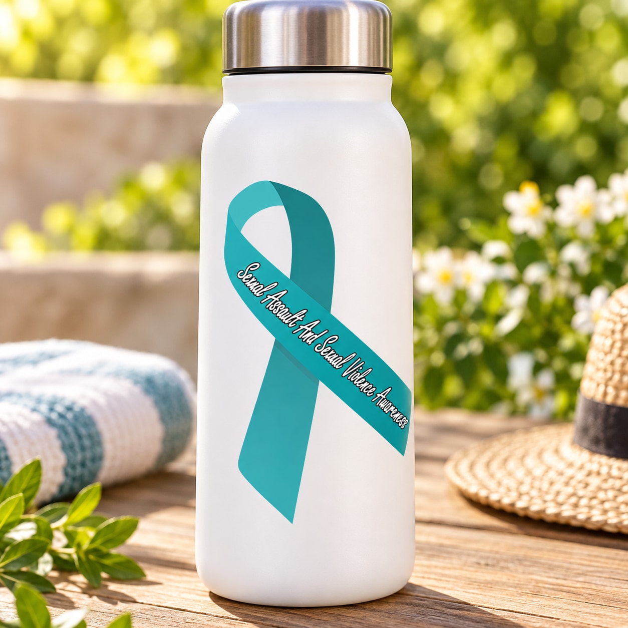 Teal awareness ribbon vinyl sticker on white bottle