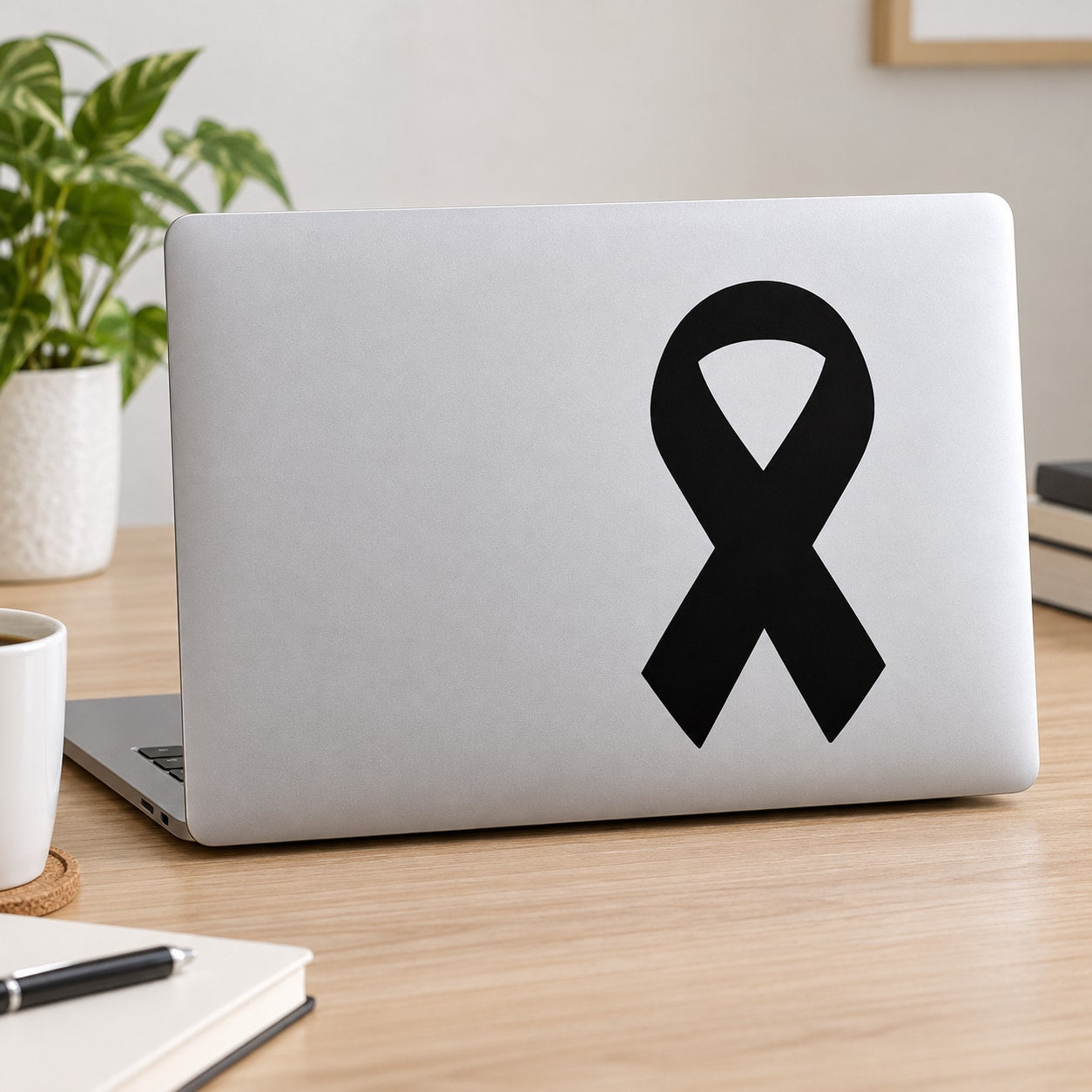 Wide black ribbon decal on a light-colored laptop lid