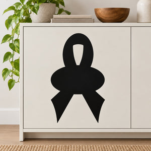 Black solid awareness ribbon decal with oval center on white panel
