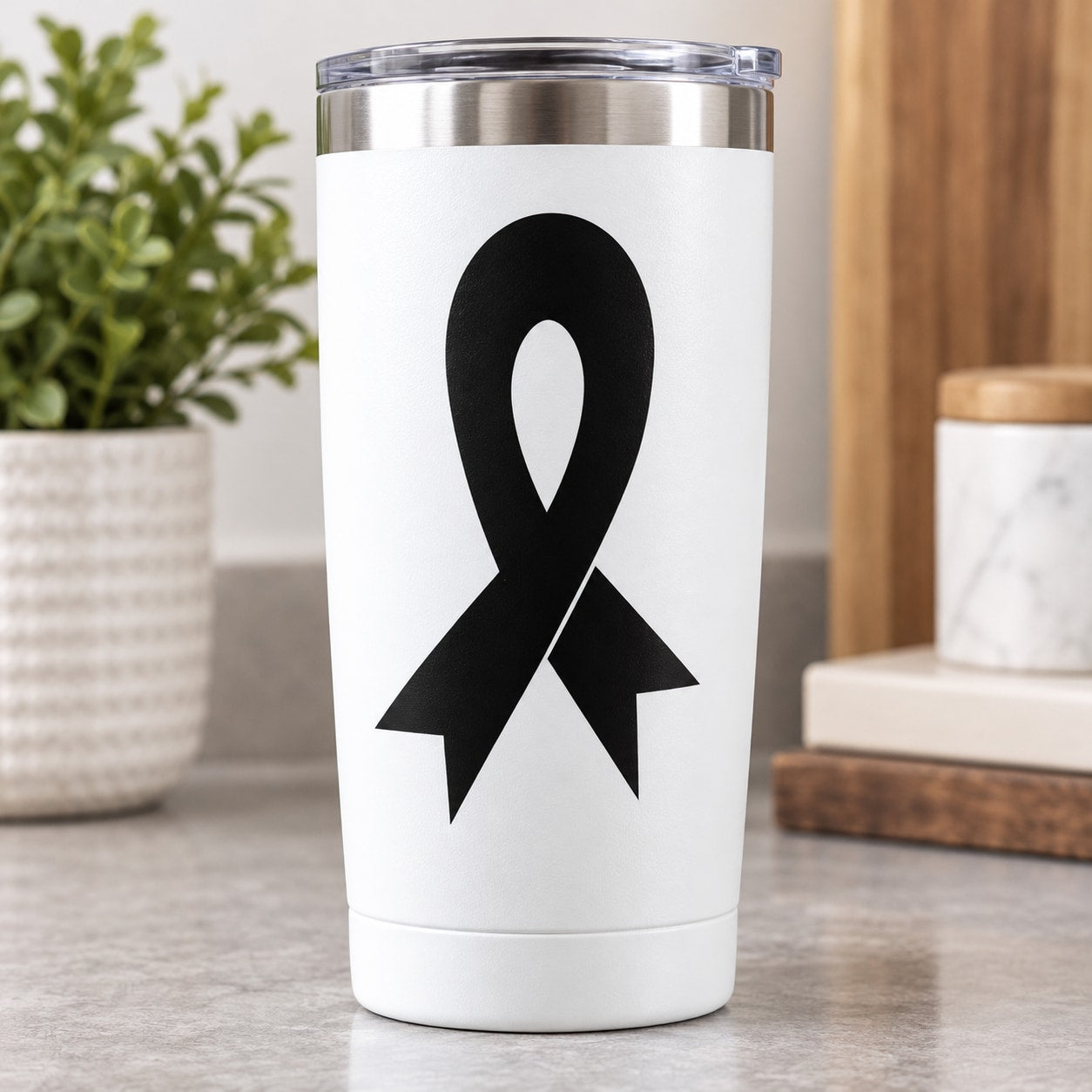 Ribbon low overlap decal on a white tumbler with black ribbon design