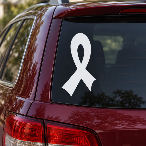 Asymmetrical left ribbon decal sticker, white ribbon on dark window