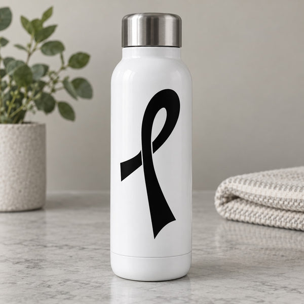 White water bottle with black ribbon decal on front