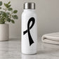 White water bottle with black ribbon decal on front