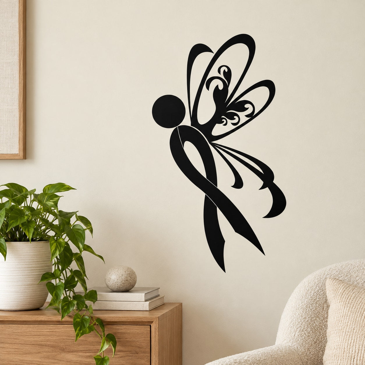 Black butterfly wall decal with left ribbon swirl