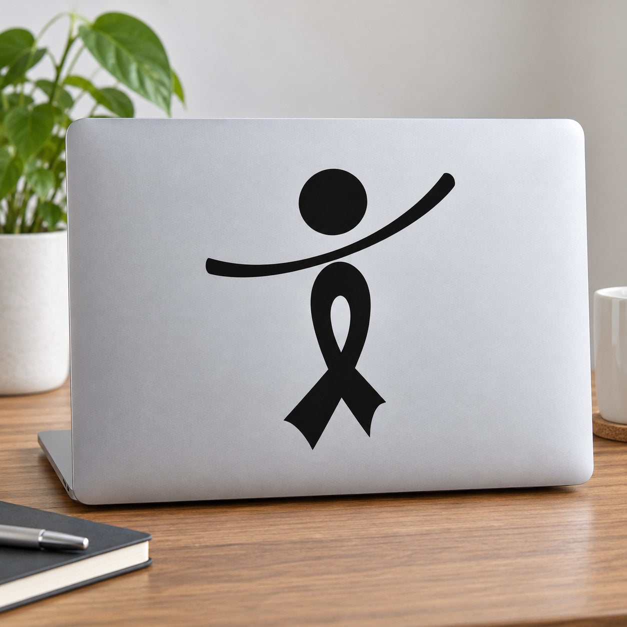 Black ribbon awareness person decal with left-tilted arms