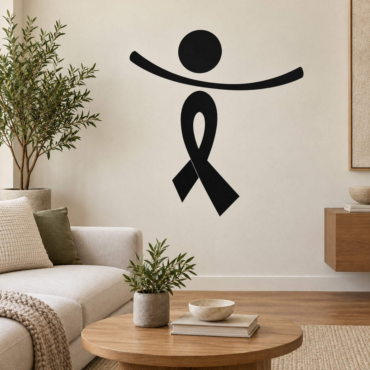 Black ribbon person decal with arms tilted right, awareness ribbon shape below