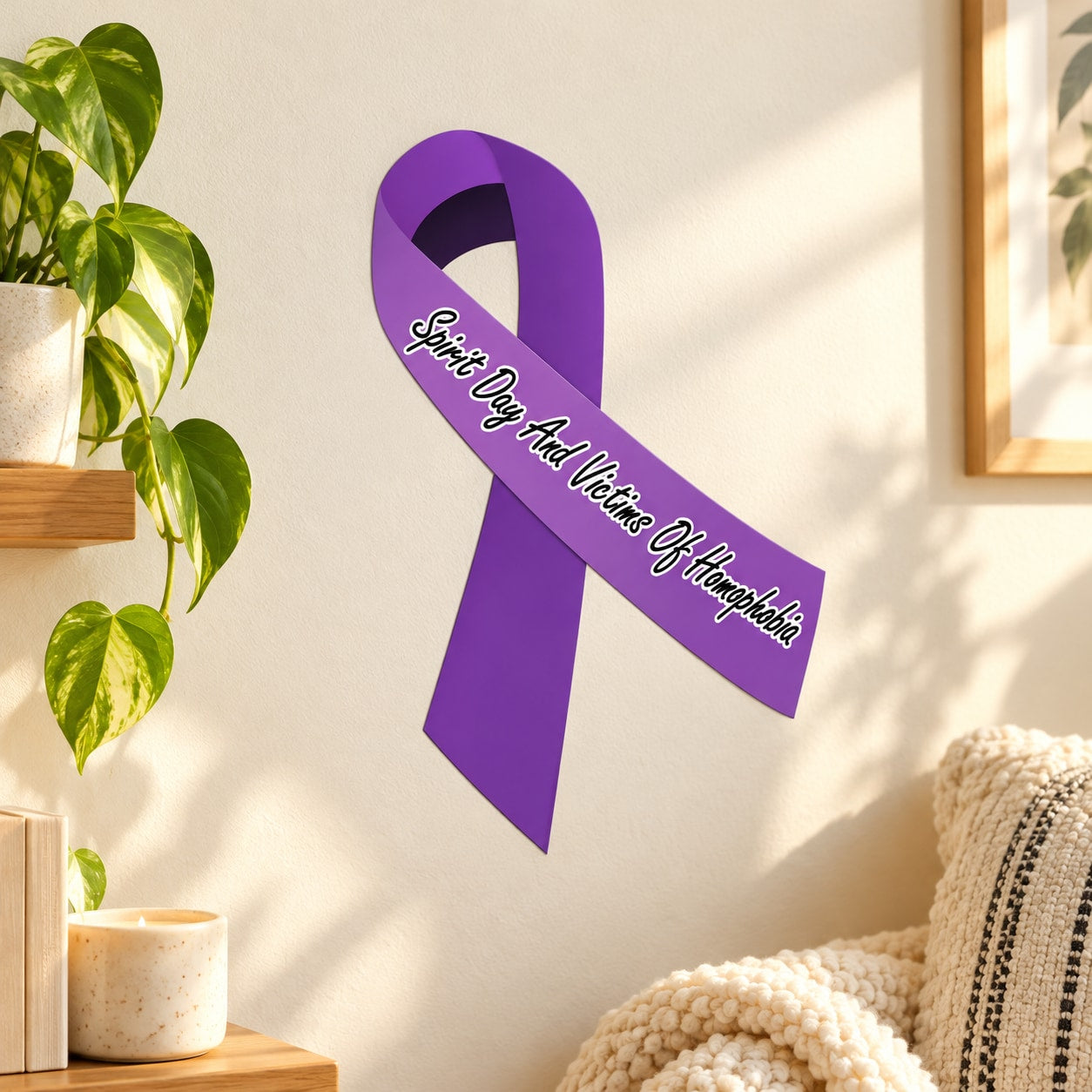 Purple vinyl awareness ribbon sticker with curved script