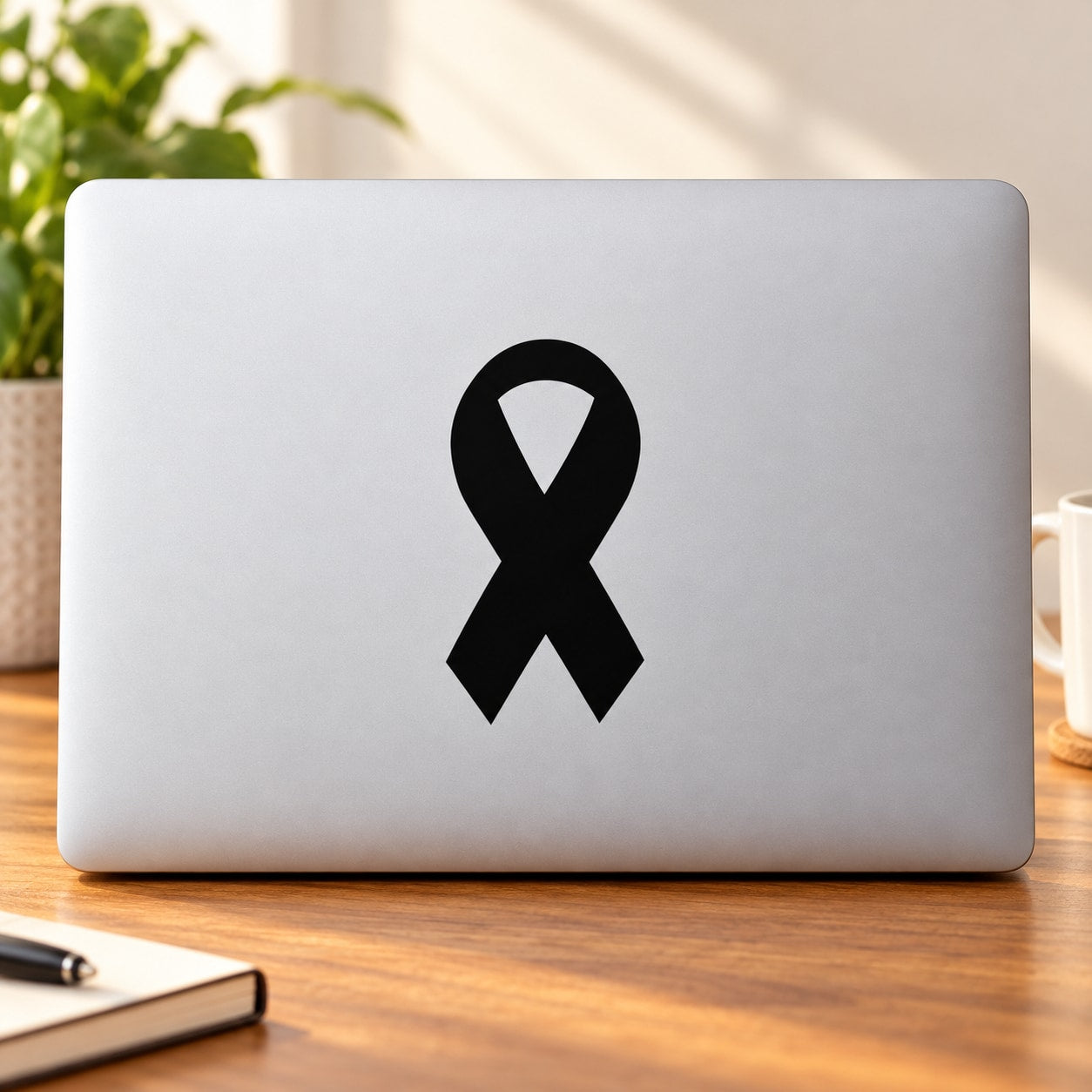 Black awareness ribbon decal, centered on light background.