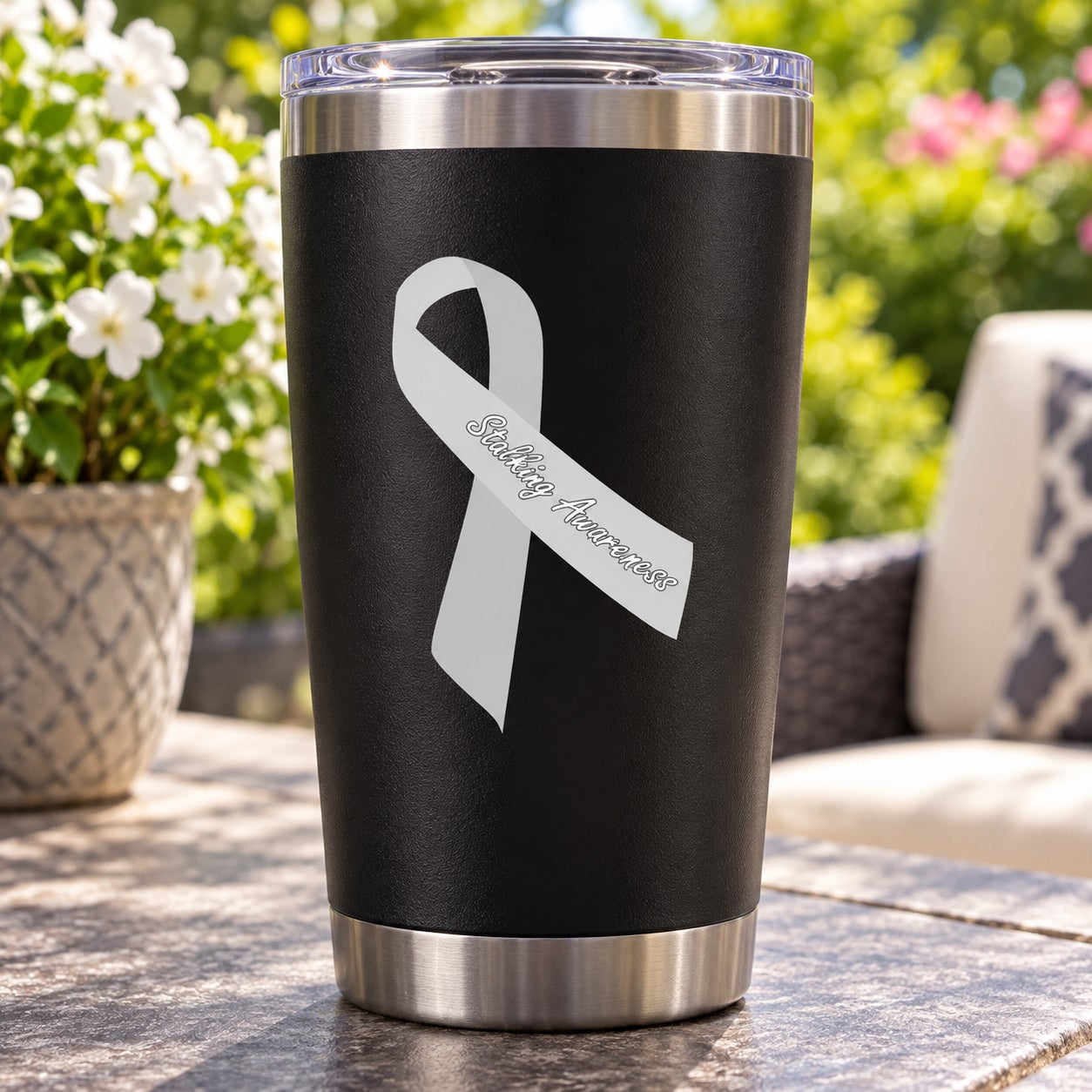 Black vinyl sticker with white awareness ribbon and script text