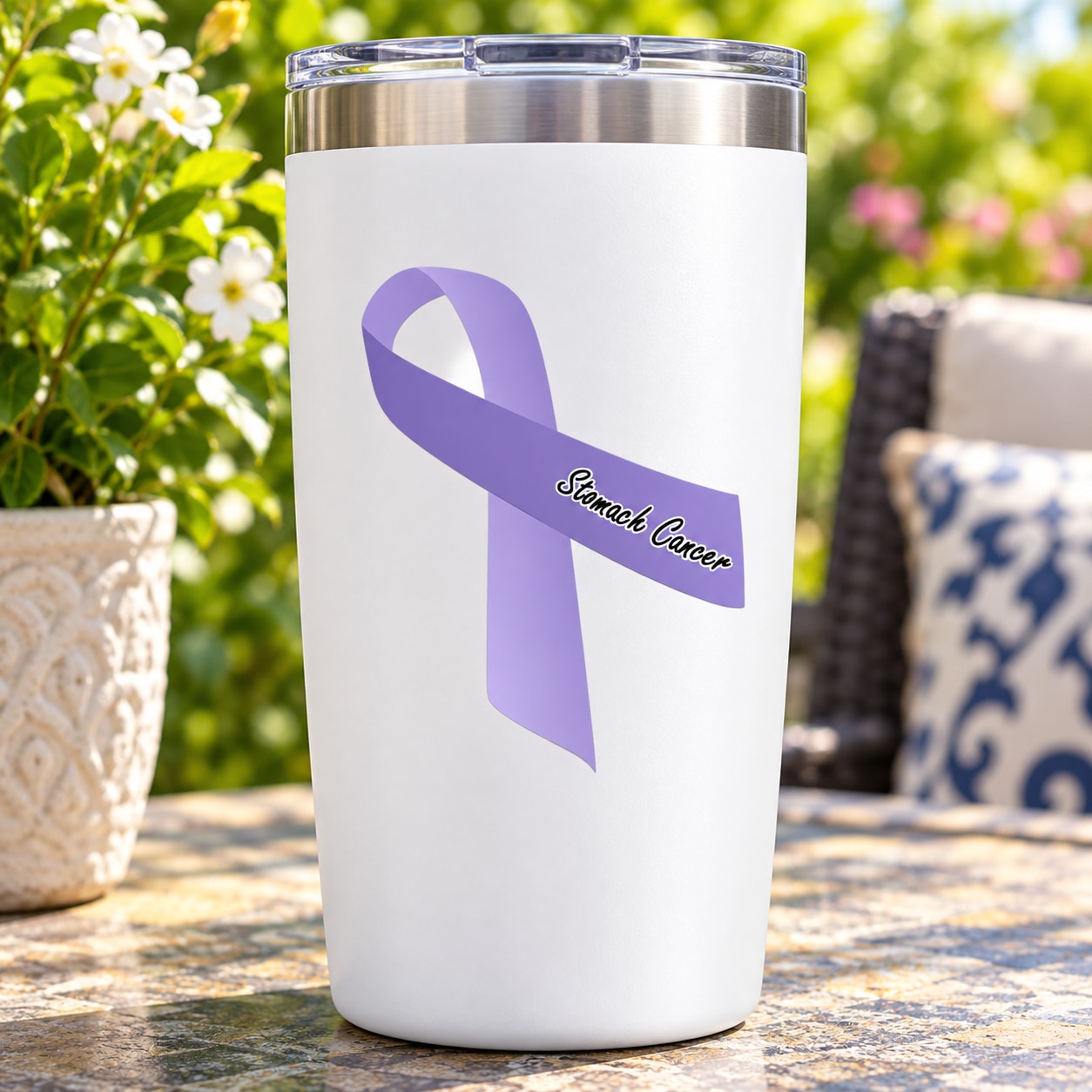 Purple stomach cancer awareness ribbon vinyl sticker on white tumbler