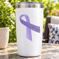 Purple stomach cancer awareness ribbon vinyl sticker on white tumbler