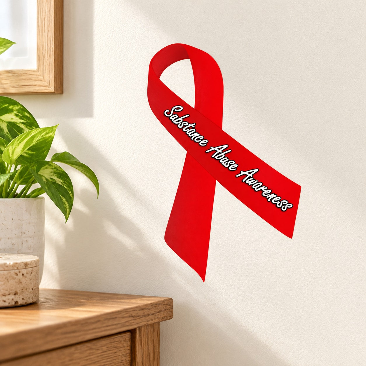 Red substance abuse awareness ribbon vinyl sticker with black cursive text