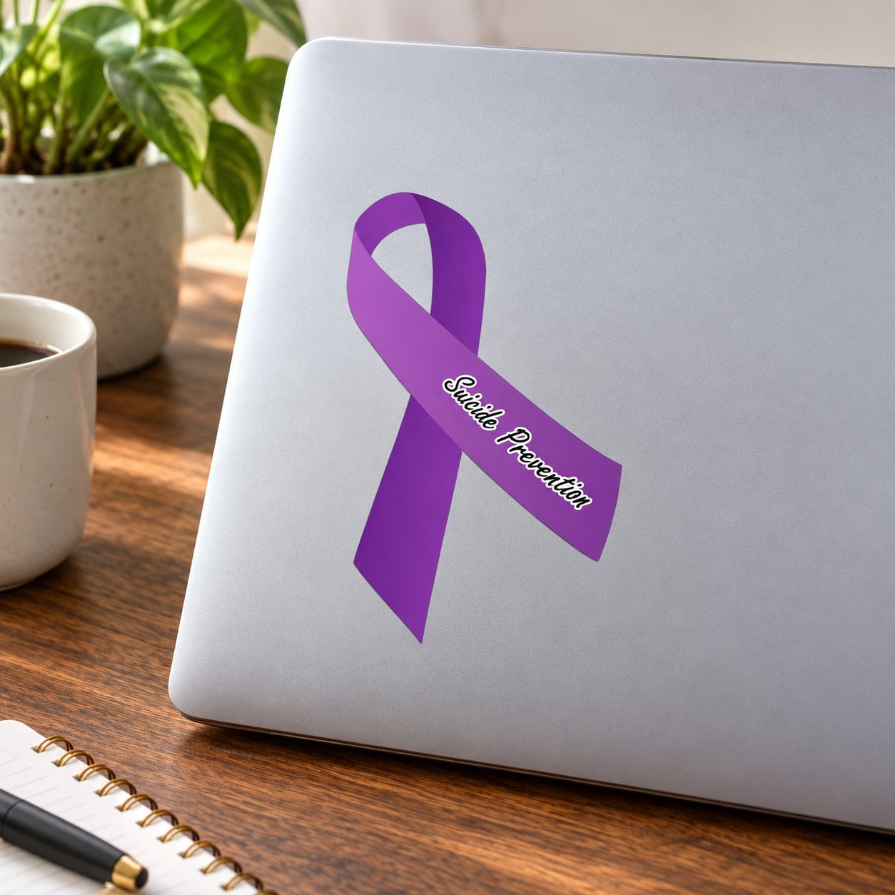 Purple suicide prevention awareness ribbon vinyl sticker with white text