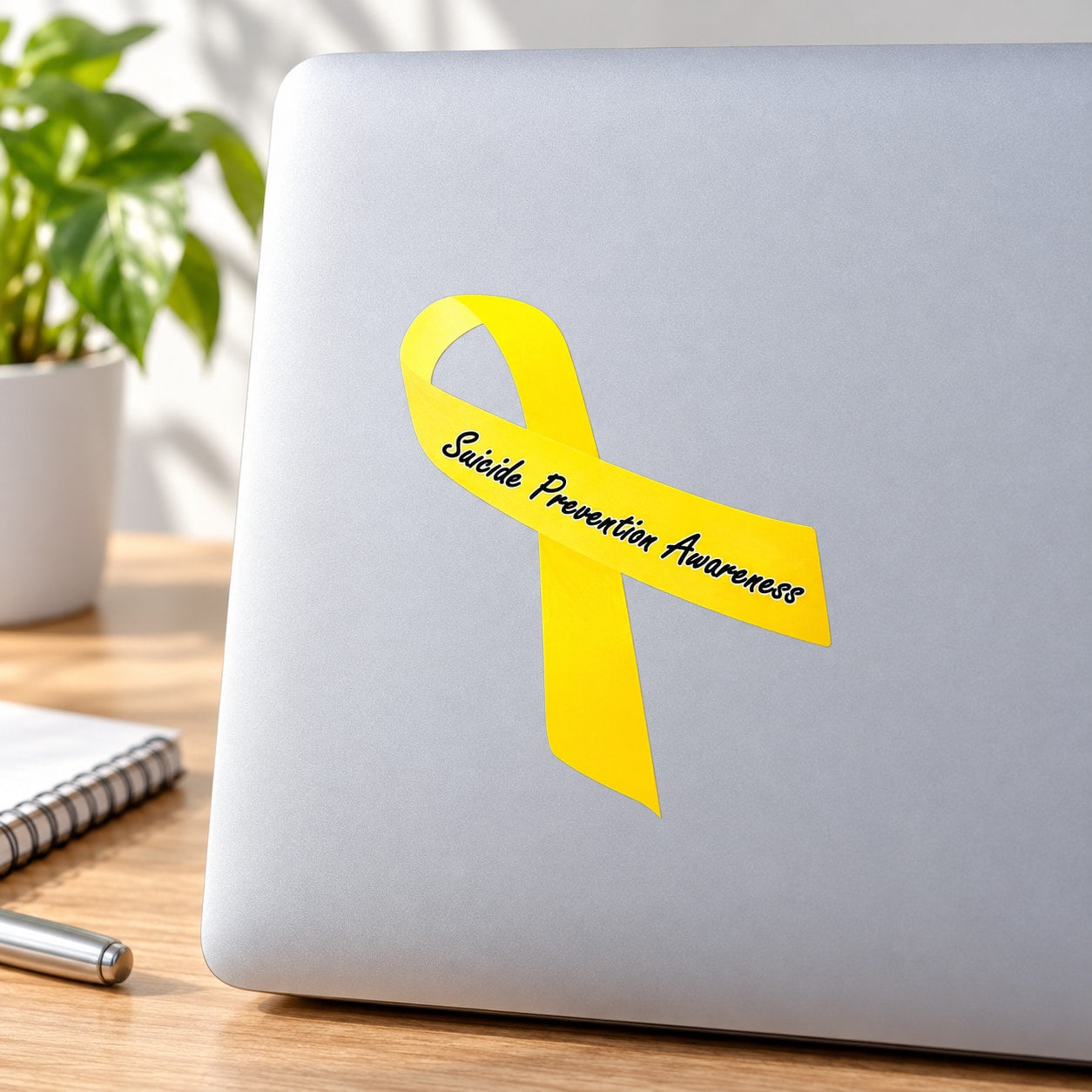 Suicide prevention awareness ribbon vinyl sticker, yellow ribbon with dark text