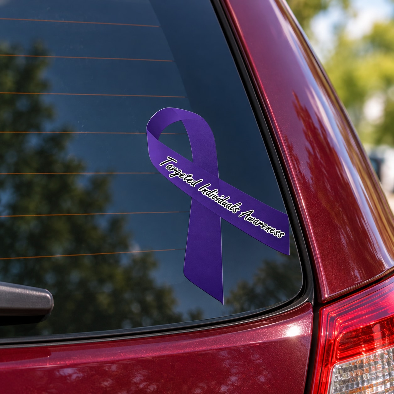 Purple awareness ribbon vinyl sticker with cursive text, applied to a car window