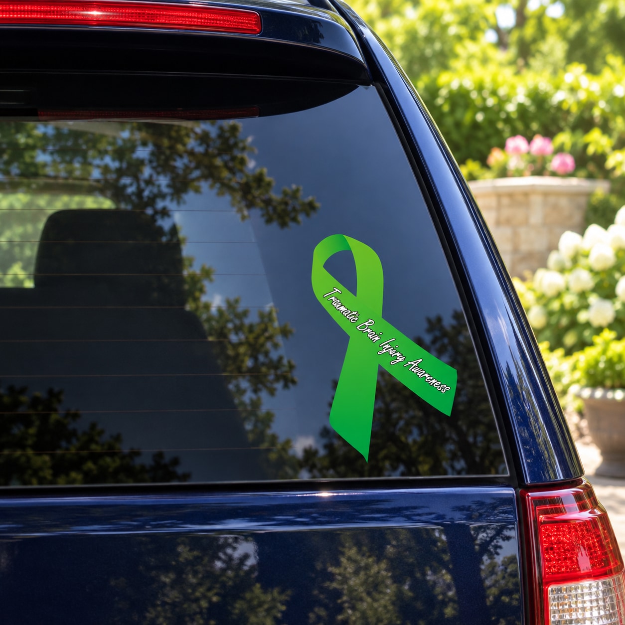 Green awareness ribbon vinyl sticker on car window, long ribbon shape