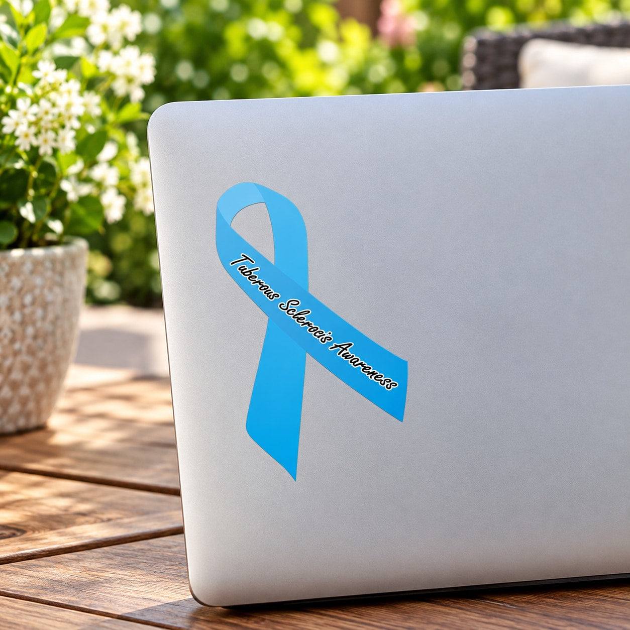 Blue awareness ribbon vinyl sticker with cursive lettering on a laptop surface