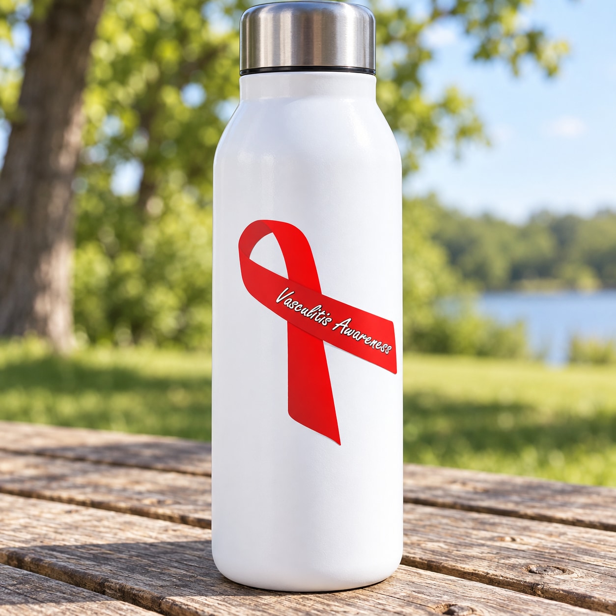Red awareness ribbon vinyl sticker with "Vasculitis Awareness" text