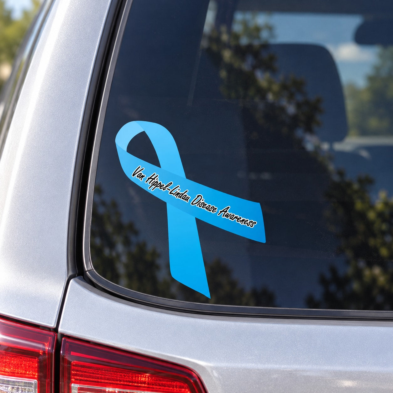 Blue vinyl ribbon sticker with 'Von Hippel Lindau Disease Awareness' text