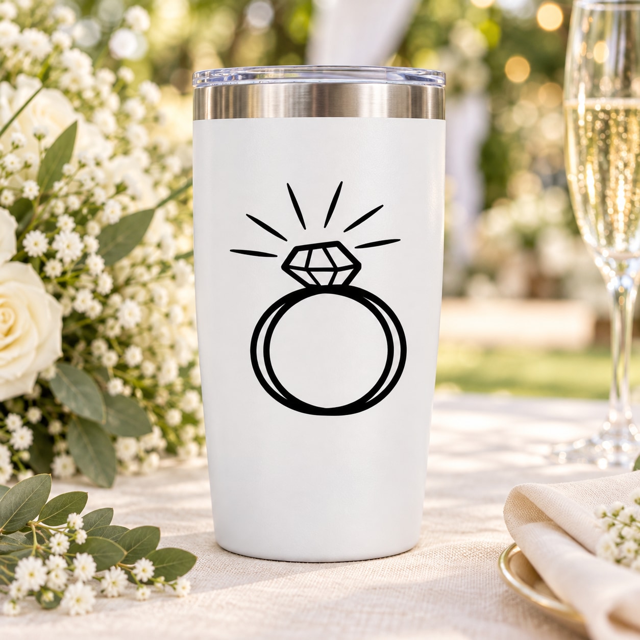 Wedding ring celebration decal on white tumbler