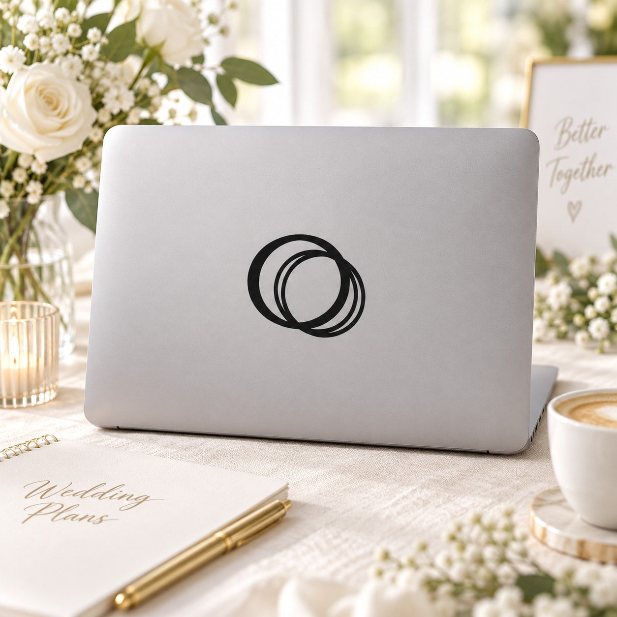Overlapping wedding rings decal with black interlocking ring outline