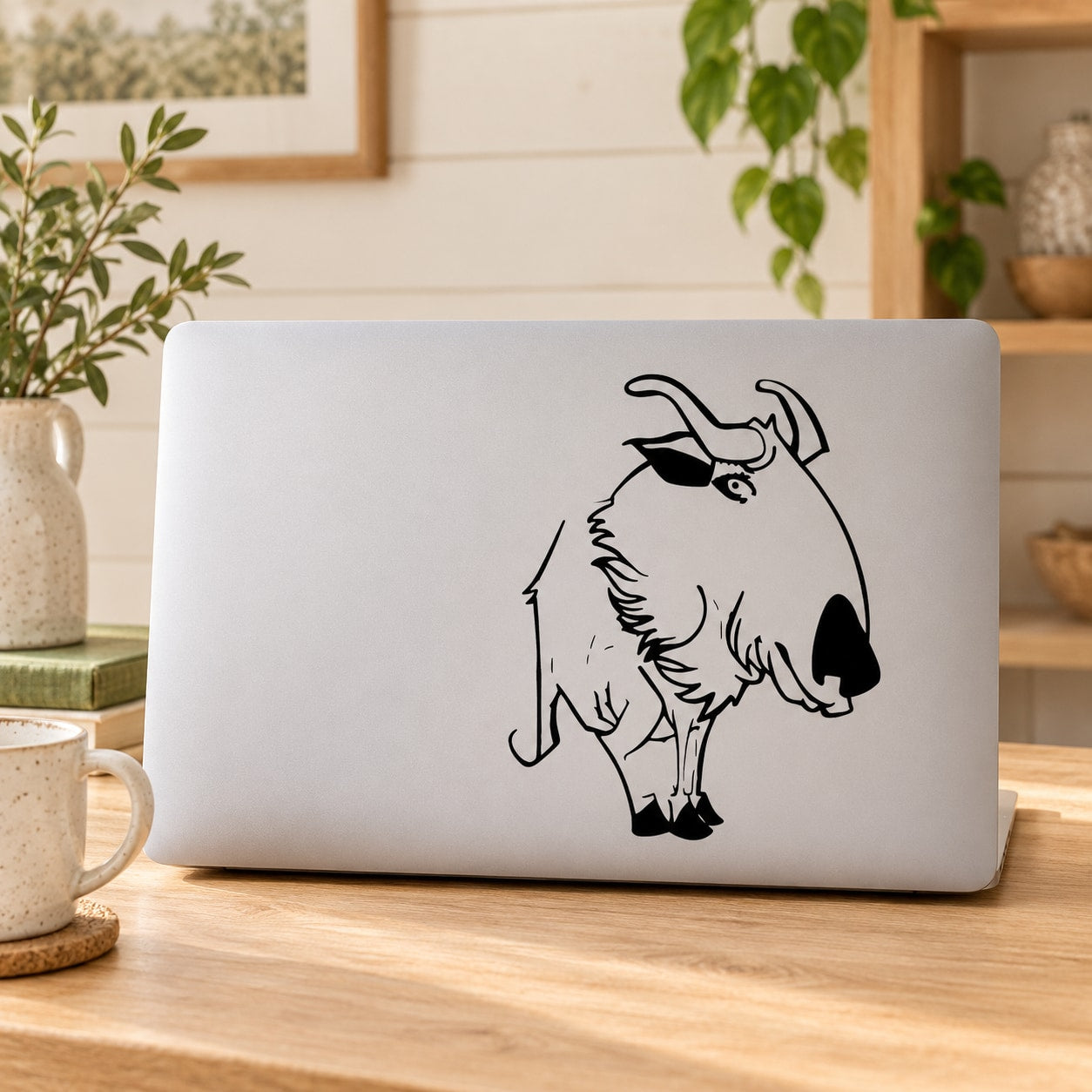Cartoon horned elk decal in black and white on a laptop lid