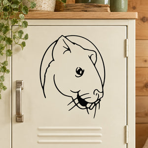 Black line-art rodent head decal with smiling face, whiskers, and nose