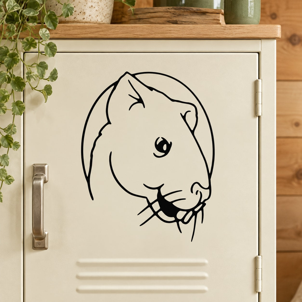 Black line-art rodent head decal with smiling face, whiskers, and nose