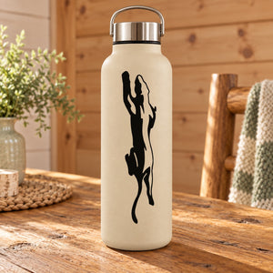 Beige bottle with black stalking jaguar decal