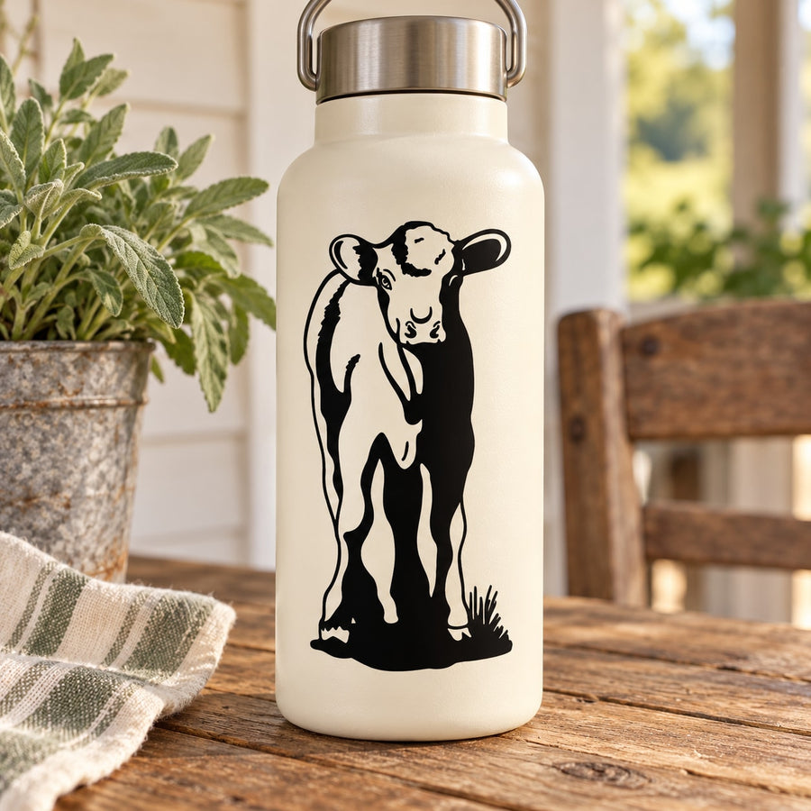 White water bottle with black Hereford cow calf decal, centered on front
