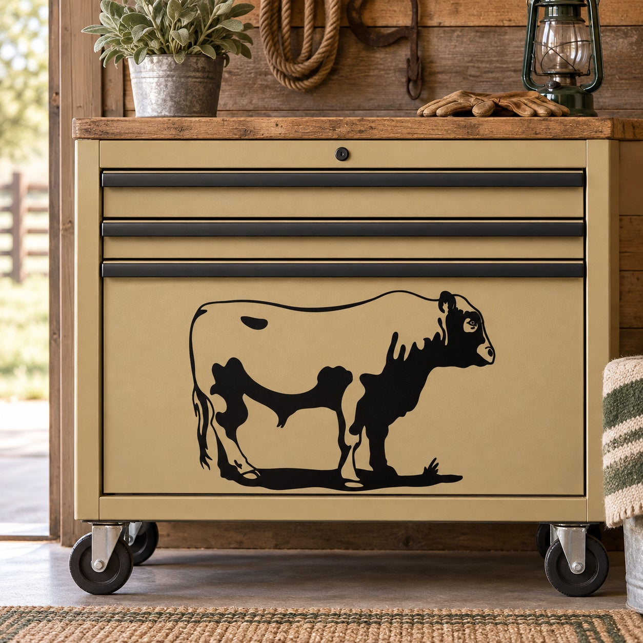Standing Hereford cow cattle decal in black on tan drawer front panel