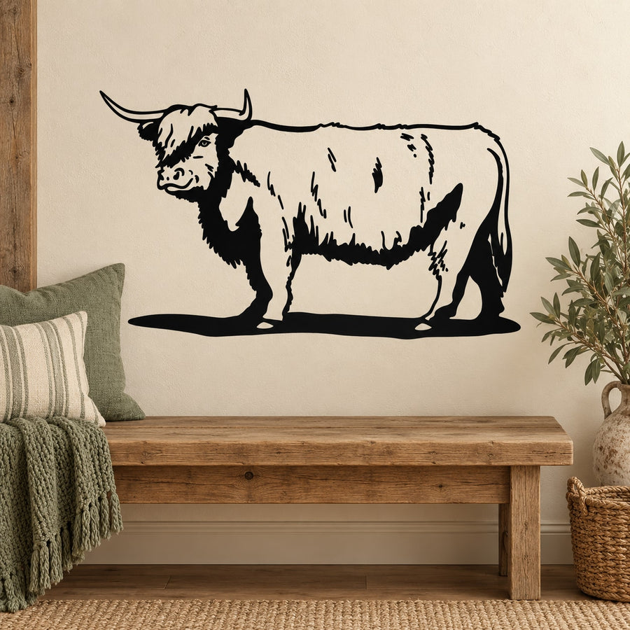 Longhorn cow wall decal silhouette with shaggy fur texture, Texas style