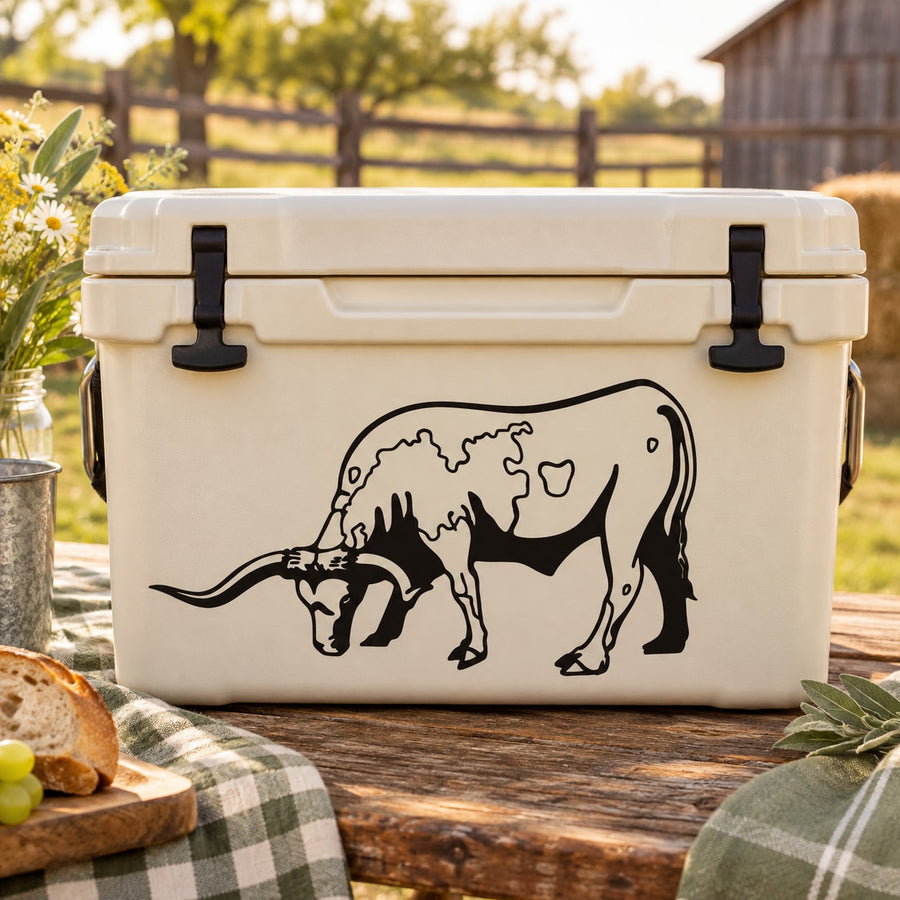 Longhorn cattle cow decal, black outline on white cooler