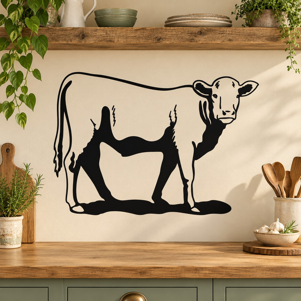 Black cow outline vinyl wall decal with detailed head and legs