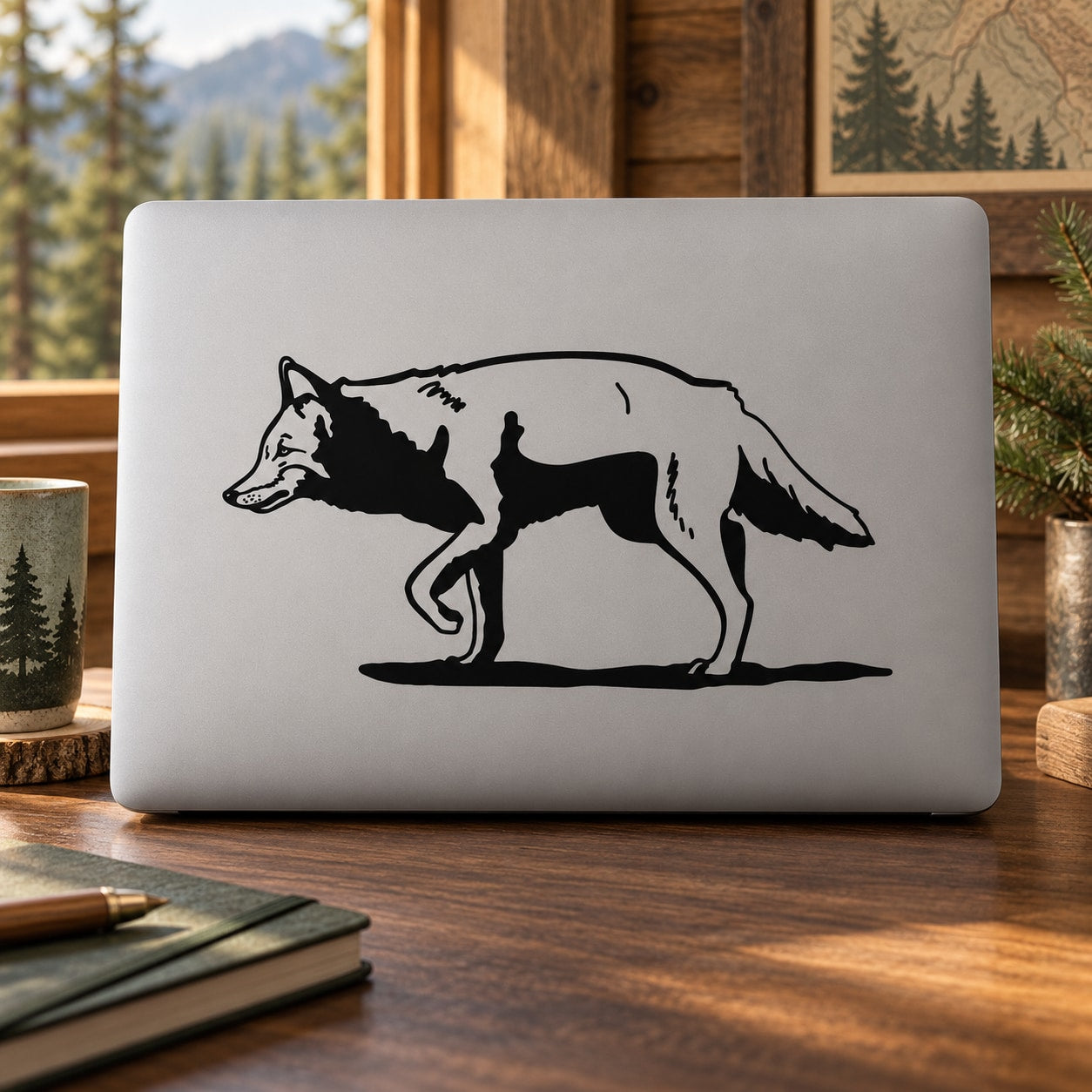 Wolf decal with three black wolf silhouettes on a light background