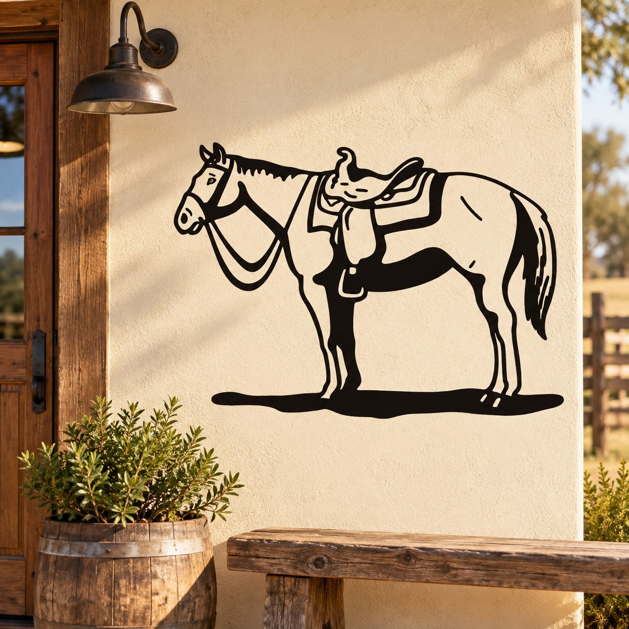 Standing horse decal with saddle, black outline on light background
