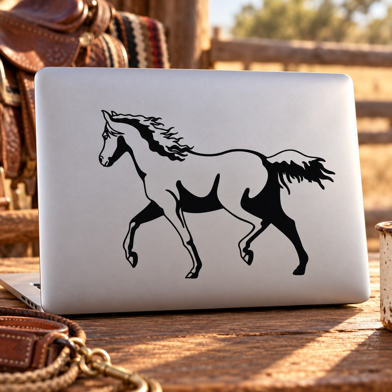 Elegant walking horse decal with black walking silhouette on light backing